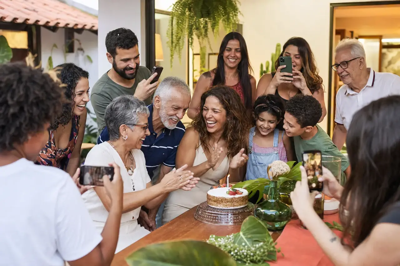Family at a birthday party capturing the moment