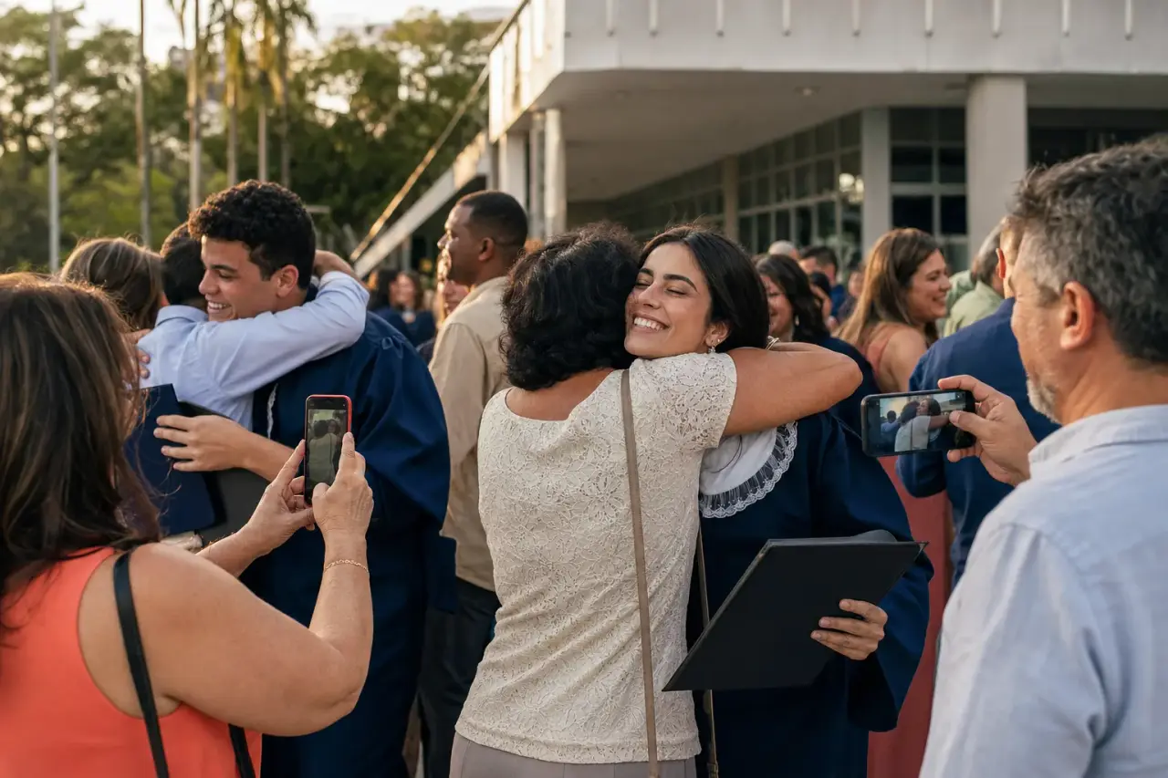 Graduates and their families celebrating and taking photos