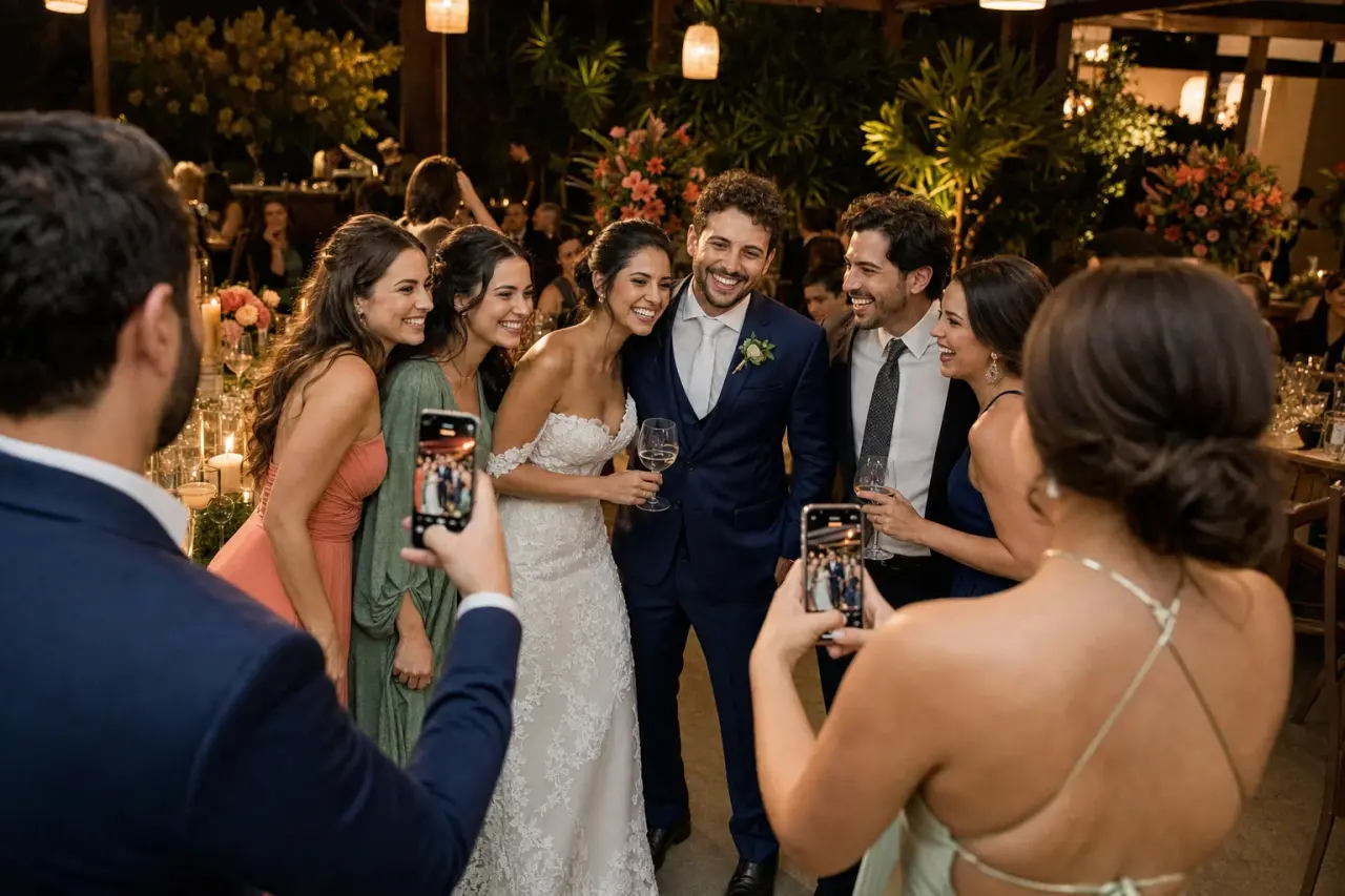 Newlyweds and guests taking photos at a wedding reception