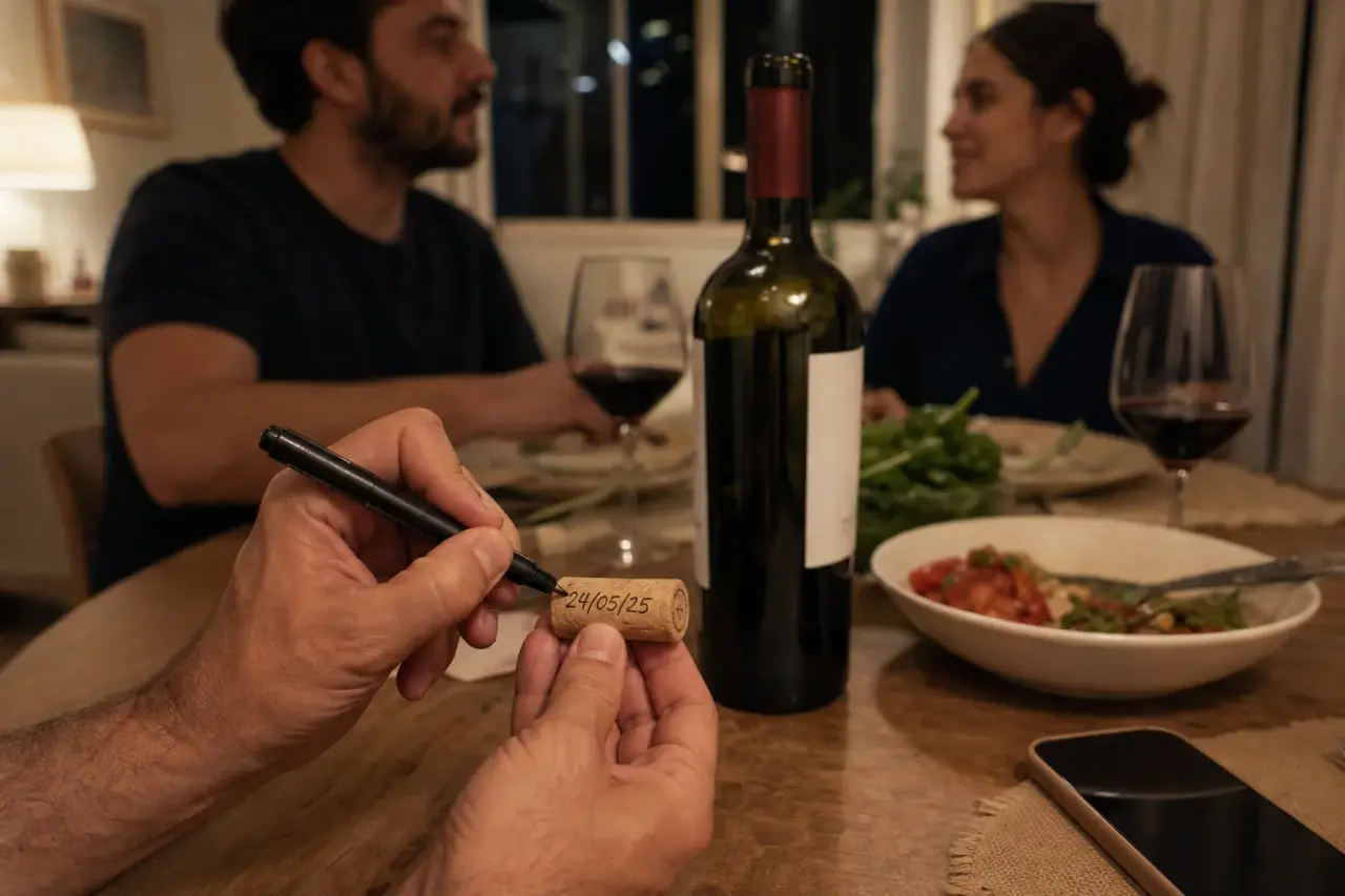 Persona escribiendo la fecha en un corcho de vino durante una cena en casa