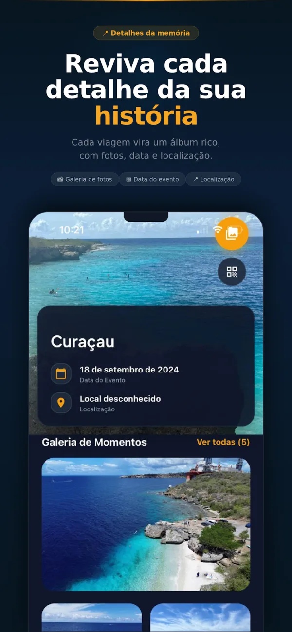 Tela de uma memória de viagem no Remnis, com fotos, data e localização